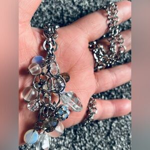 LOFT LONG SILVER CHAIN W/ Cluster of clear gems w mother pearl-like spark effect